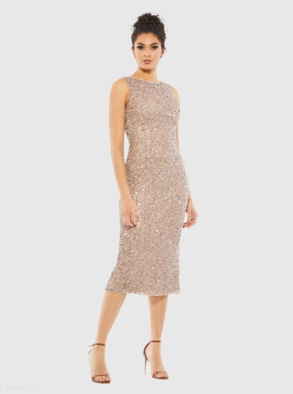 Mac Duggal 5526 Sleeveless Sequined Midi Cocktail Dress Rosewood Cream Size 14